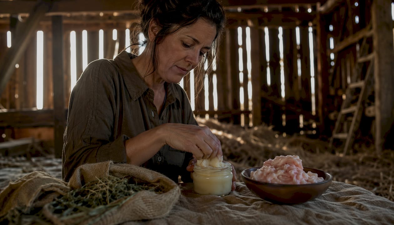 Woman scooping beef tallow for skincare use