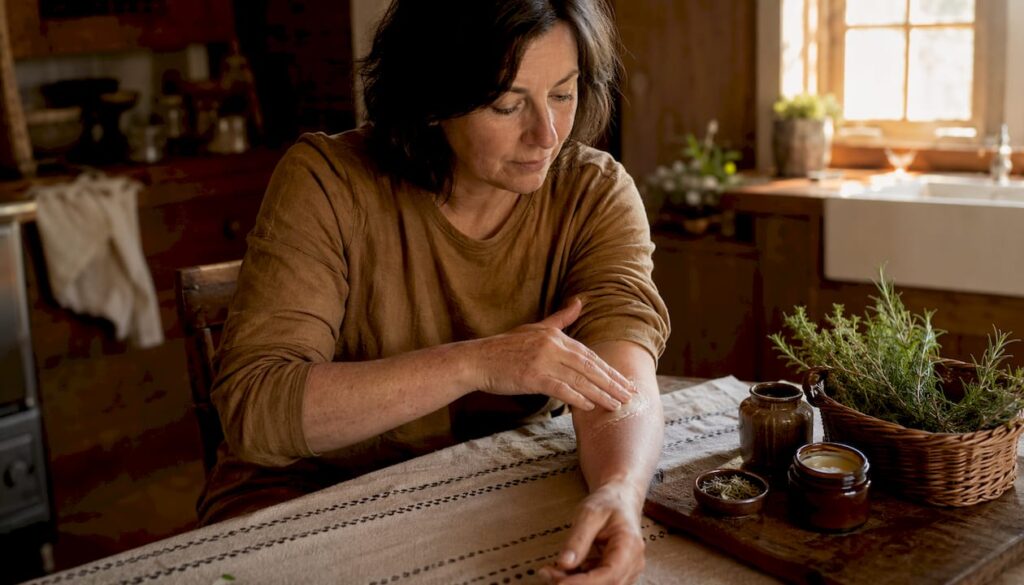 Woman applying cream to eczema-affected skin