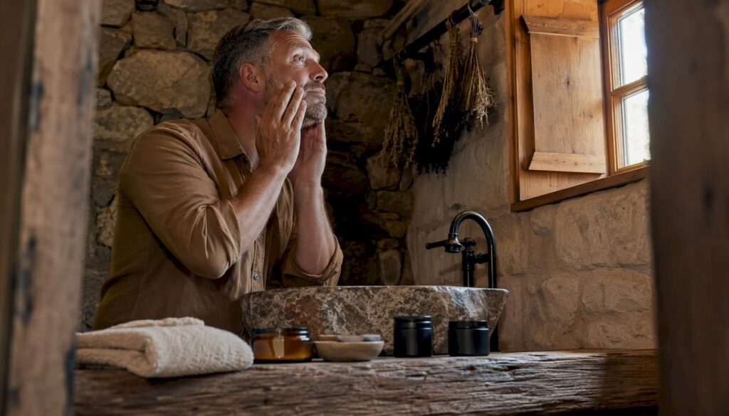 Man applying tallow balm in warm bathroom