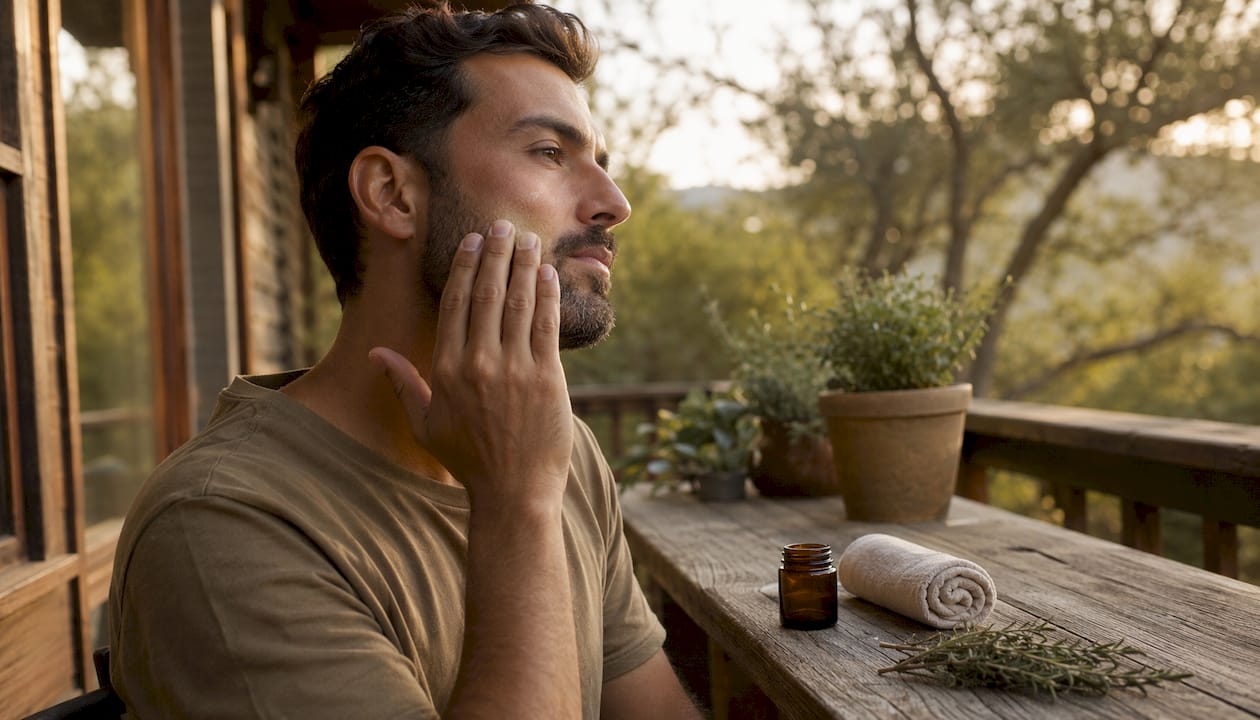 Man applying natural aftershave balm in bathroom