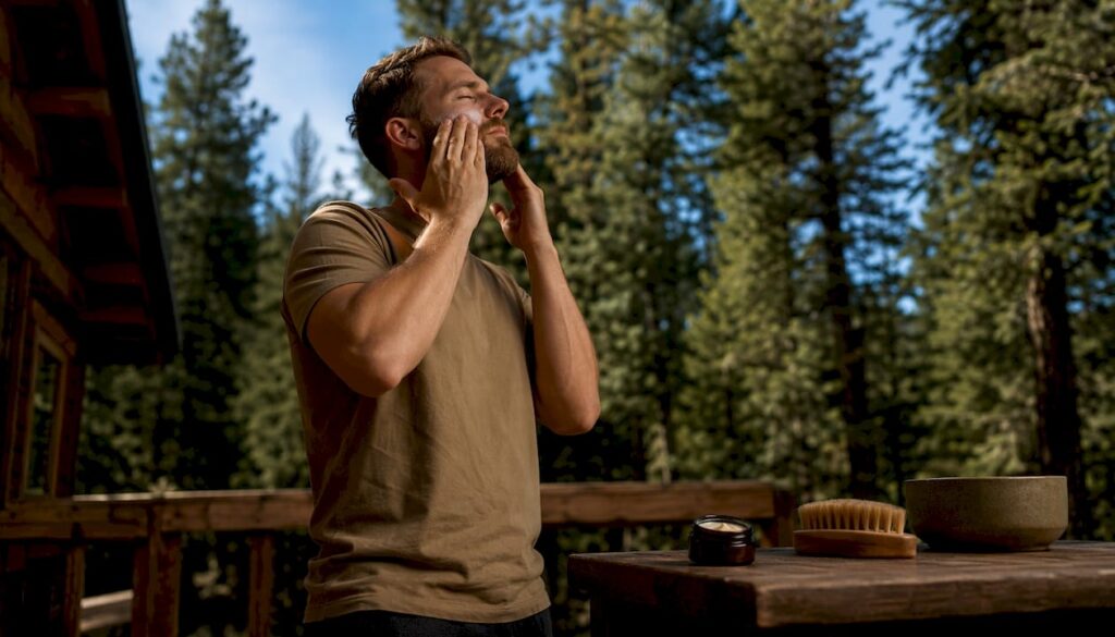 Man applying tallow face balm in rustic bathroom