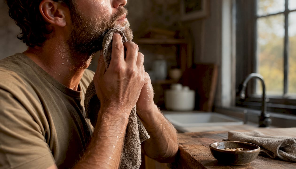 Hands exfoliating beard skin with washcloth