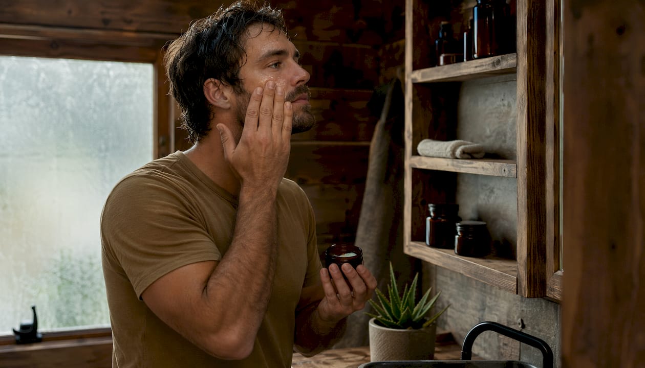 Man applying tallow moisturizer in rustic bathroom