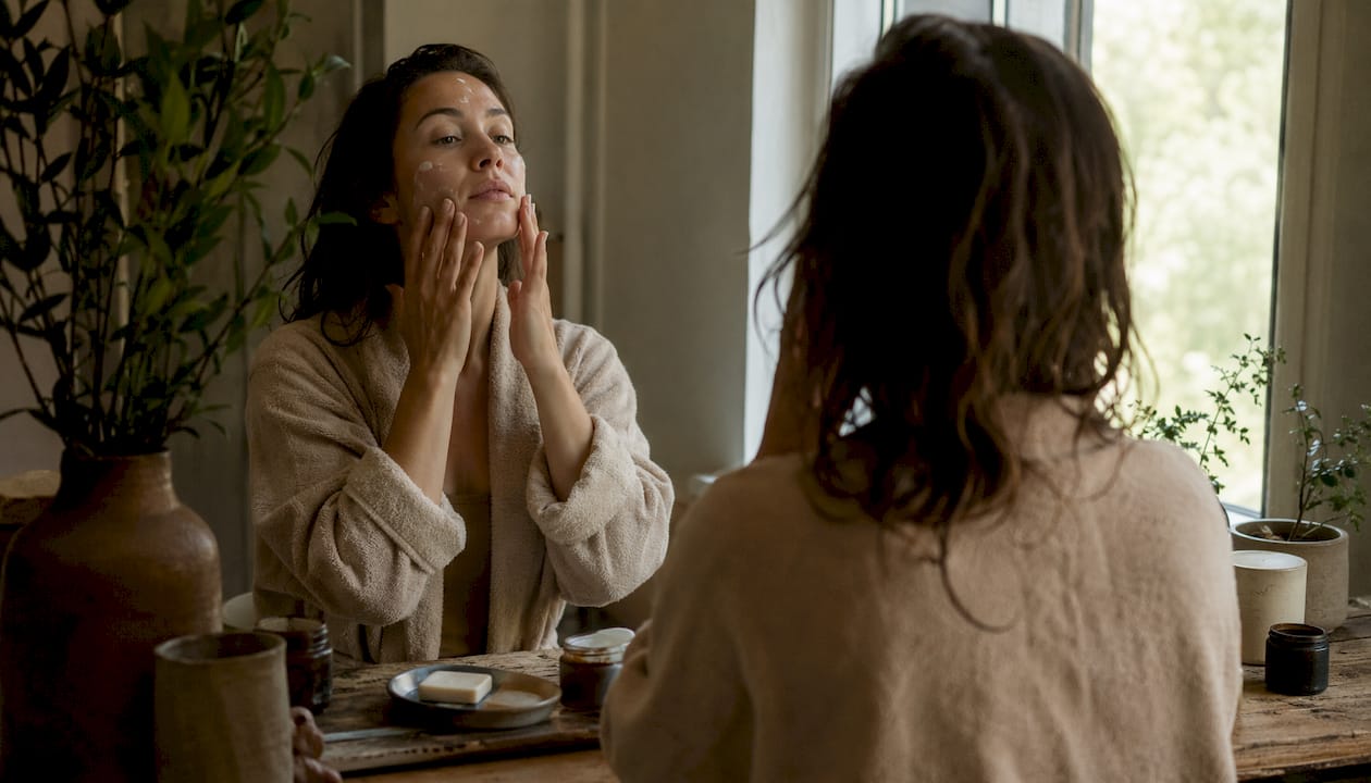 Woman applying tallow balm to face in bathroom