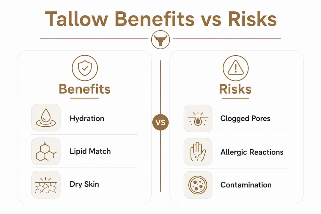 Infographic comparing benefits and risks of tallow for face