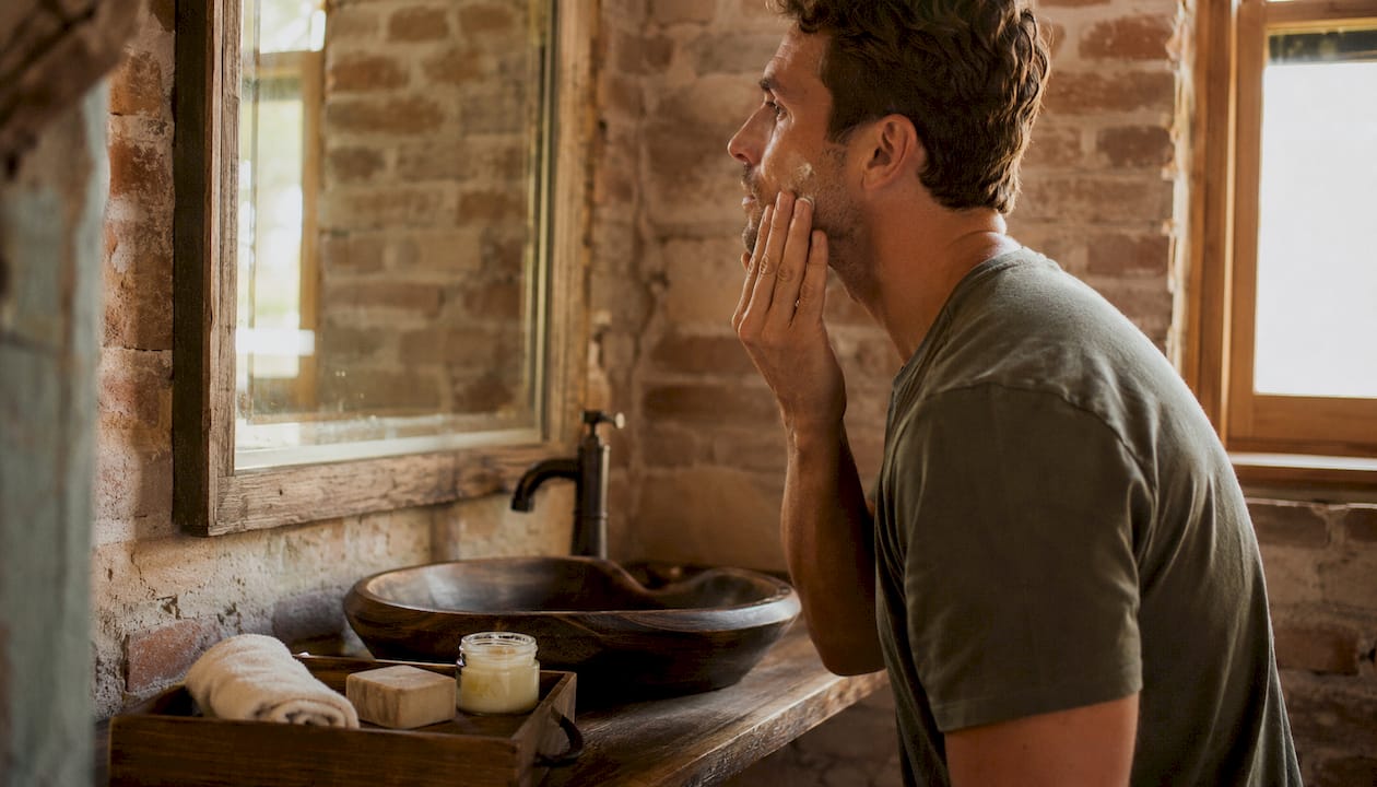 Man applying beef tallow moisturizer in natural bathroom