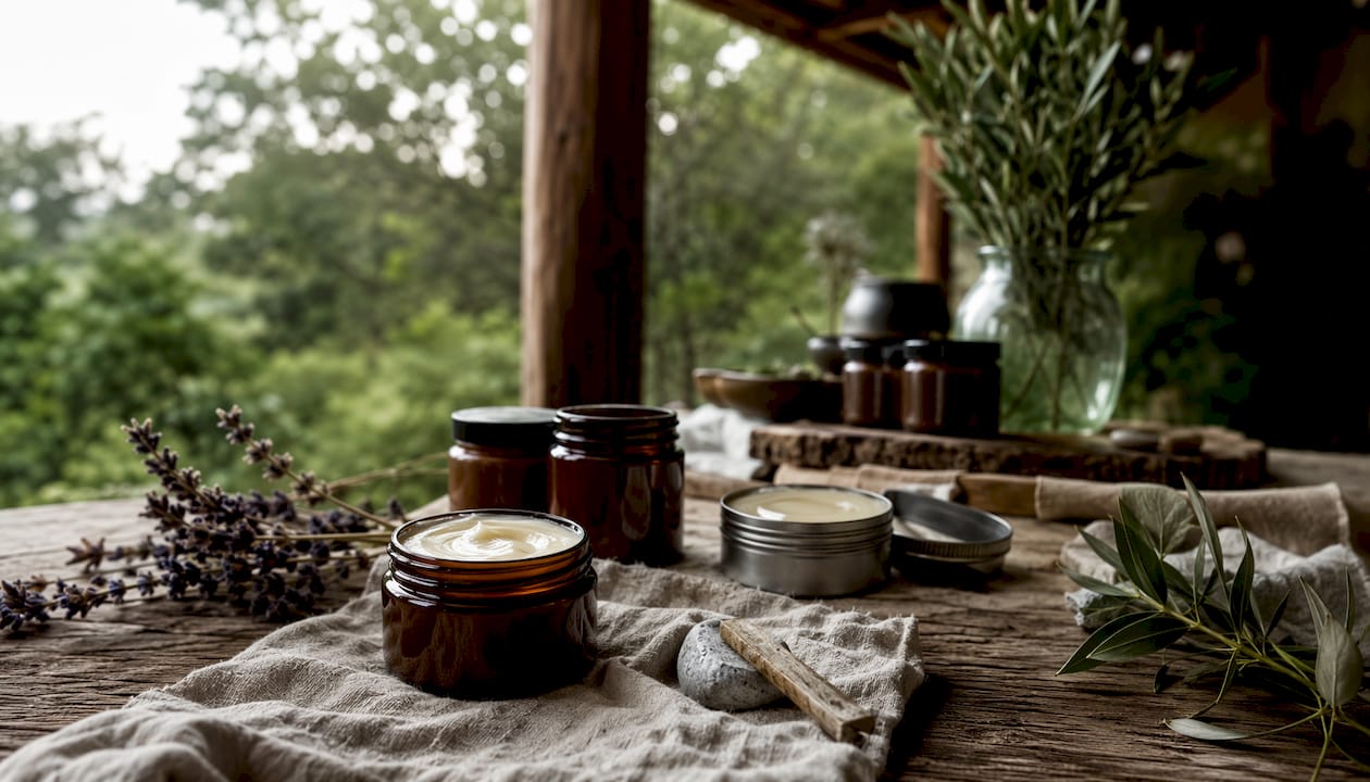 Artisan beef tallow skincare jars arranged on wood shelf