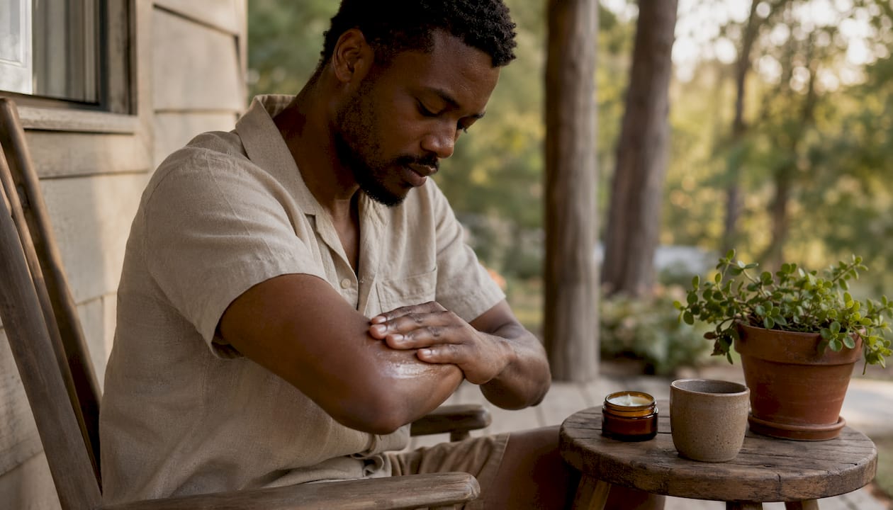 Man applying tallow balm to dry elbow skin