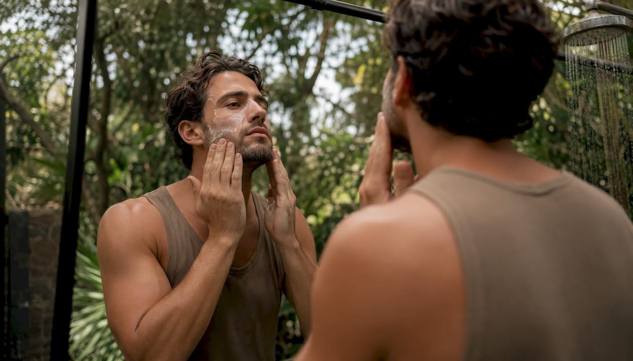 Man applying moisturizer to dry skin in bathroom