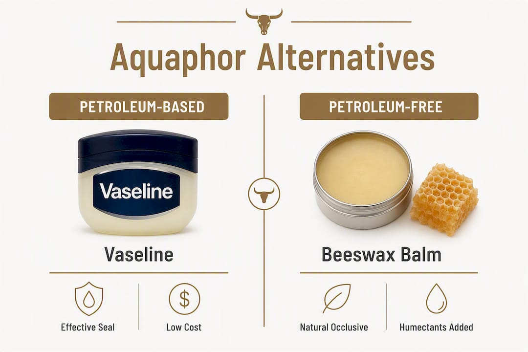 Infographic comparing petroleum and petroleum-free Aquaphor alternatives