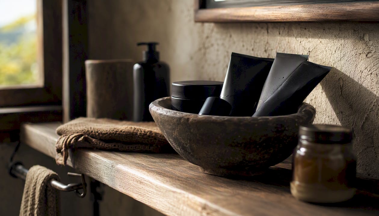 Natural grooming essentials on rustic bathroom shelf