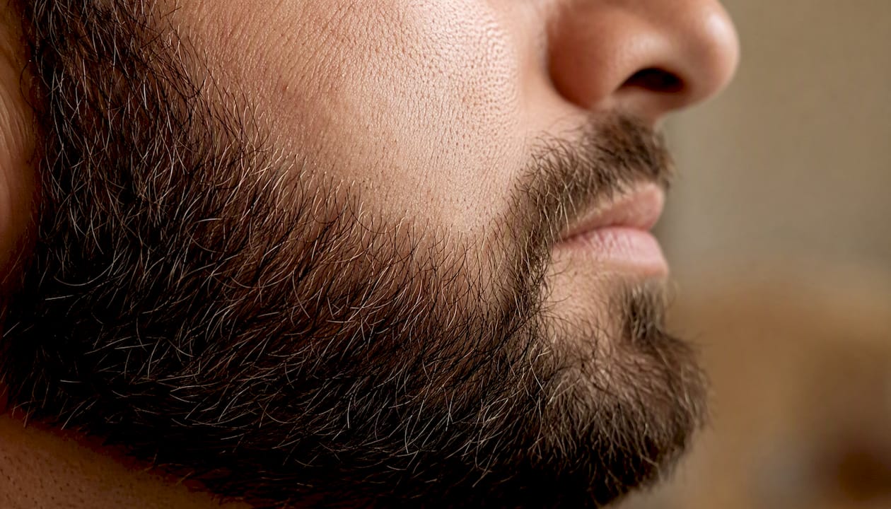 Close-up of healthy hydrated beard and skin texture