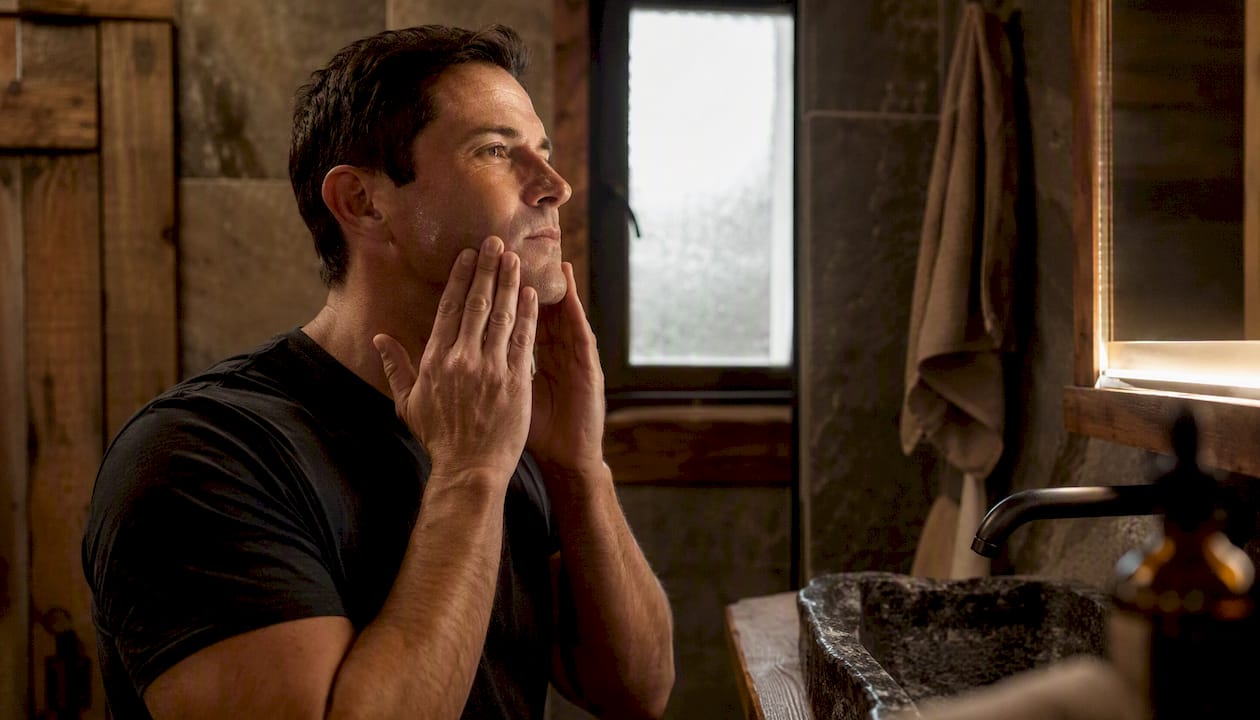 Man applying jojoba oil to shaved facial skin