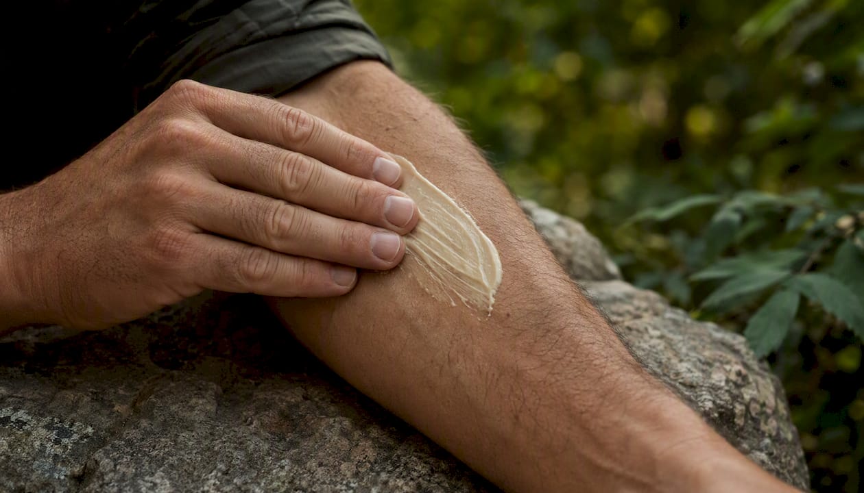 Man's hand scooping natural skin balm