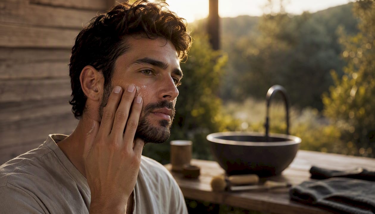 Man applying skincare serum in bathroom