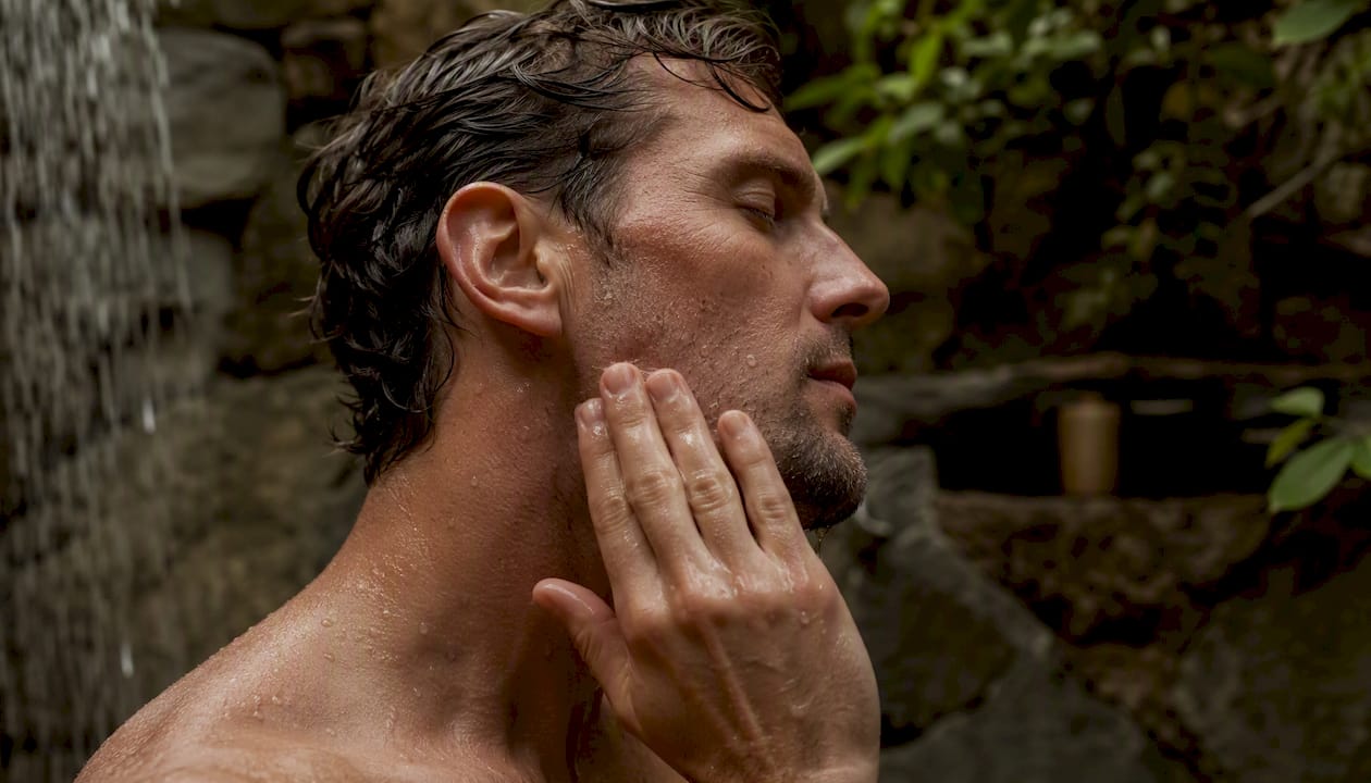 Man soothing razor burn on face