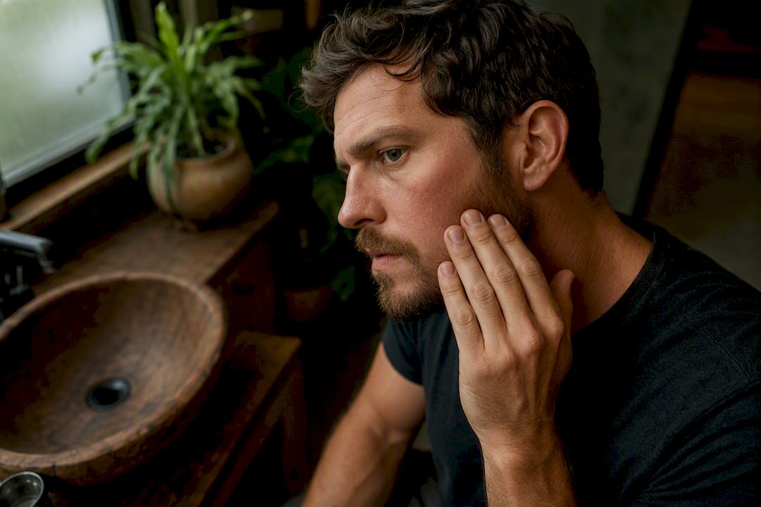 Man touching raw facial skin gently