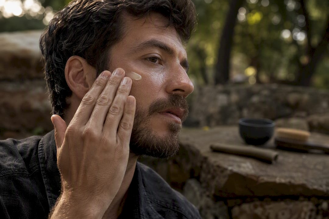 Man applying natural face balm to cheek