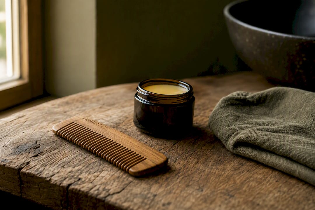 Beard grooming accessories arranged on tray