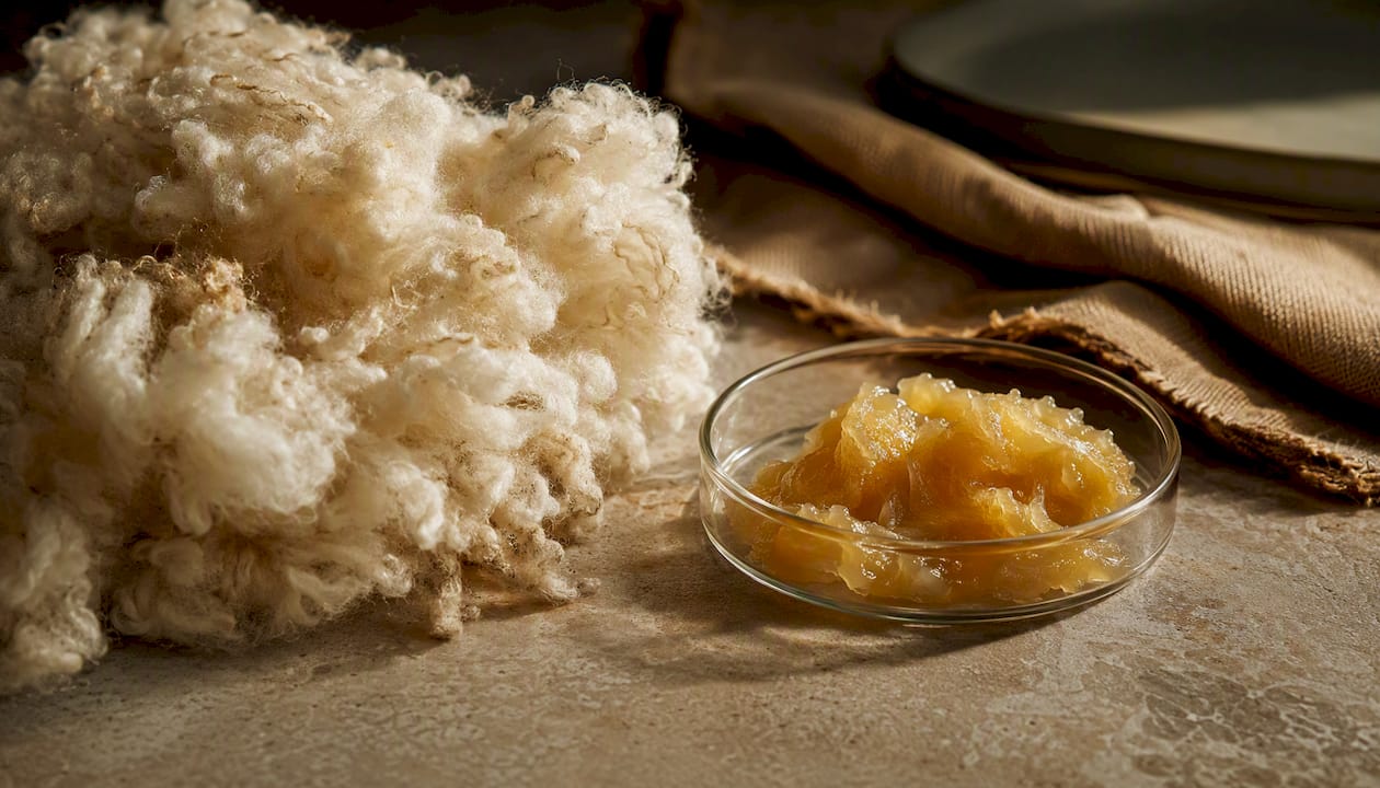 Sheep wool beside refined lanolin wax