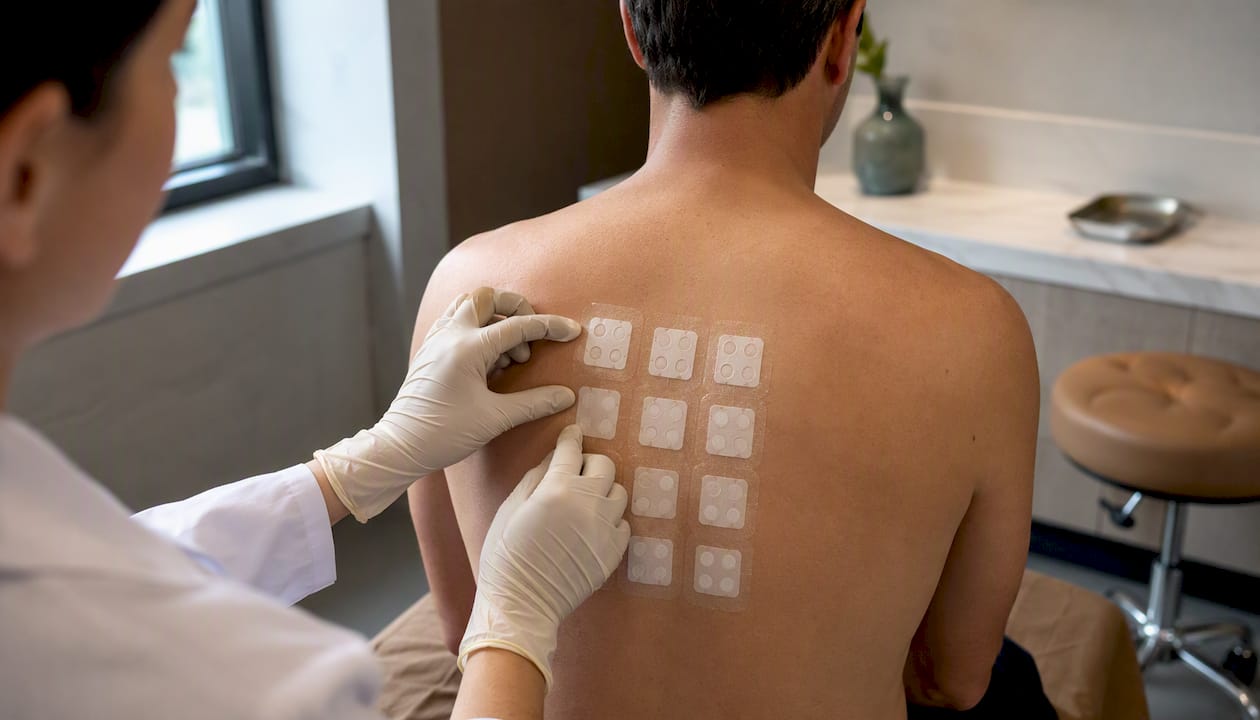 Dermatologist applying adhesive patch tests