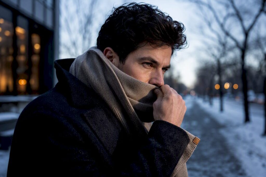 Man shielding face from winter wind