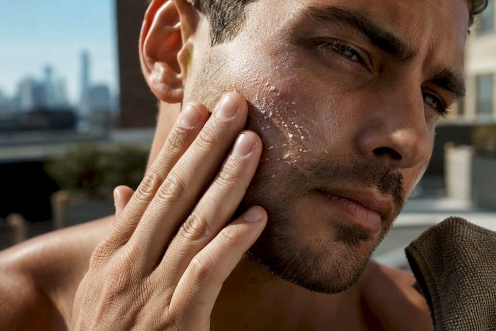 Man patting sunscreen as it pills