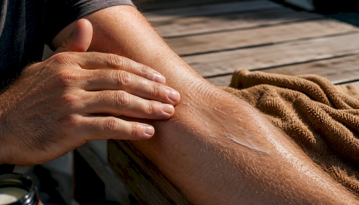 Man applying balm to sun-exposed forearm