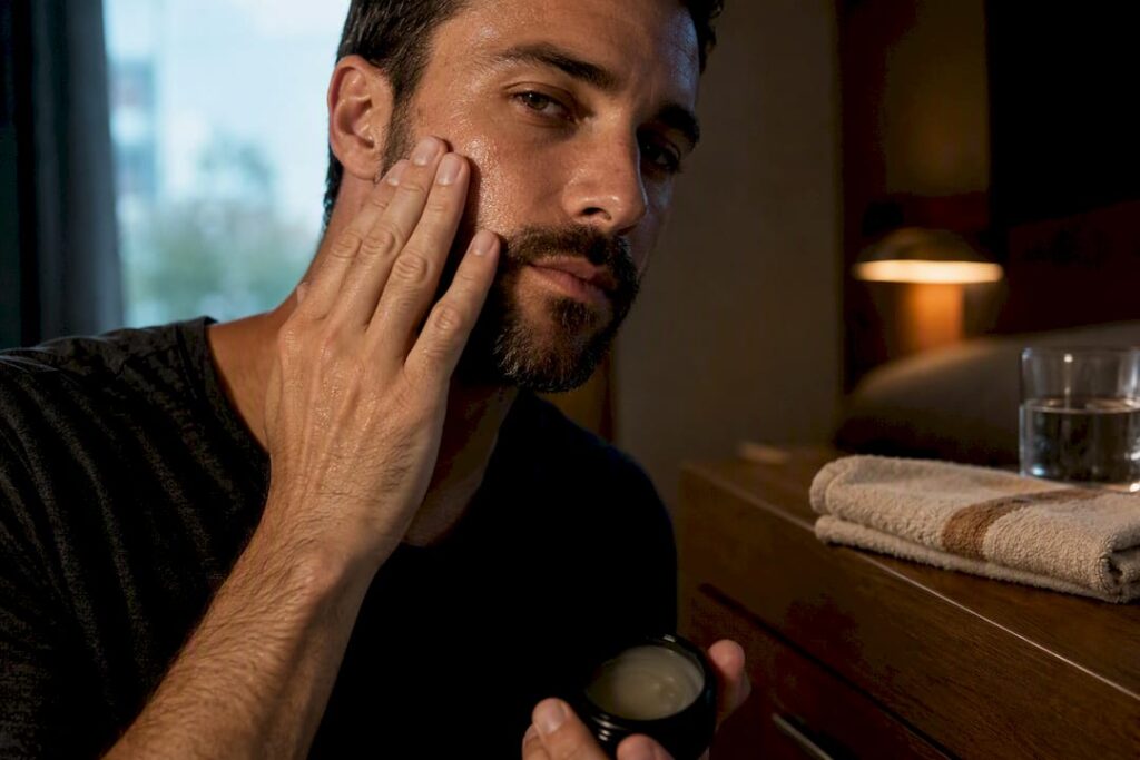Man applying balm to damp facial skin