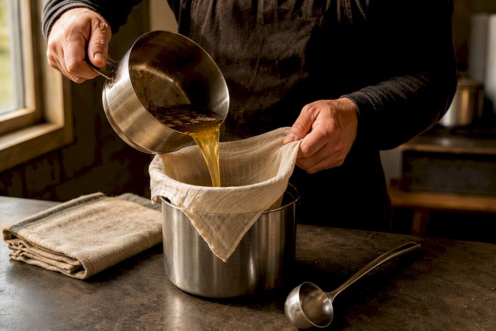 Hands filtering rendered tallow through cloth