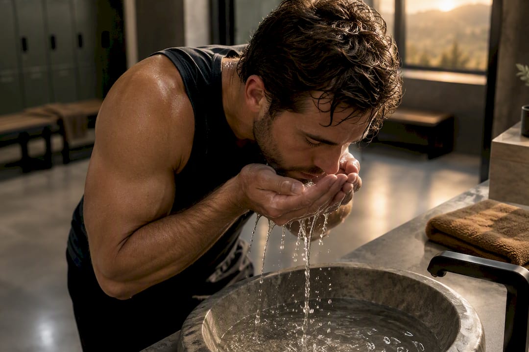 Man rinsing face after a workout