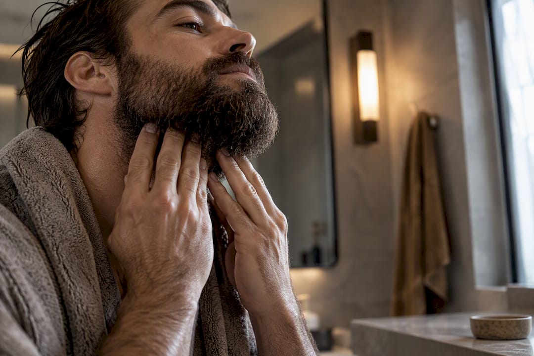 Man applying moisturizer beneath his beard