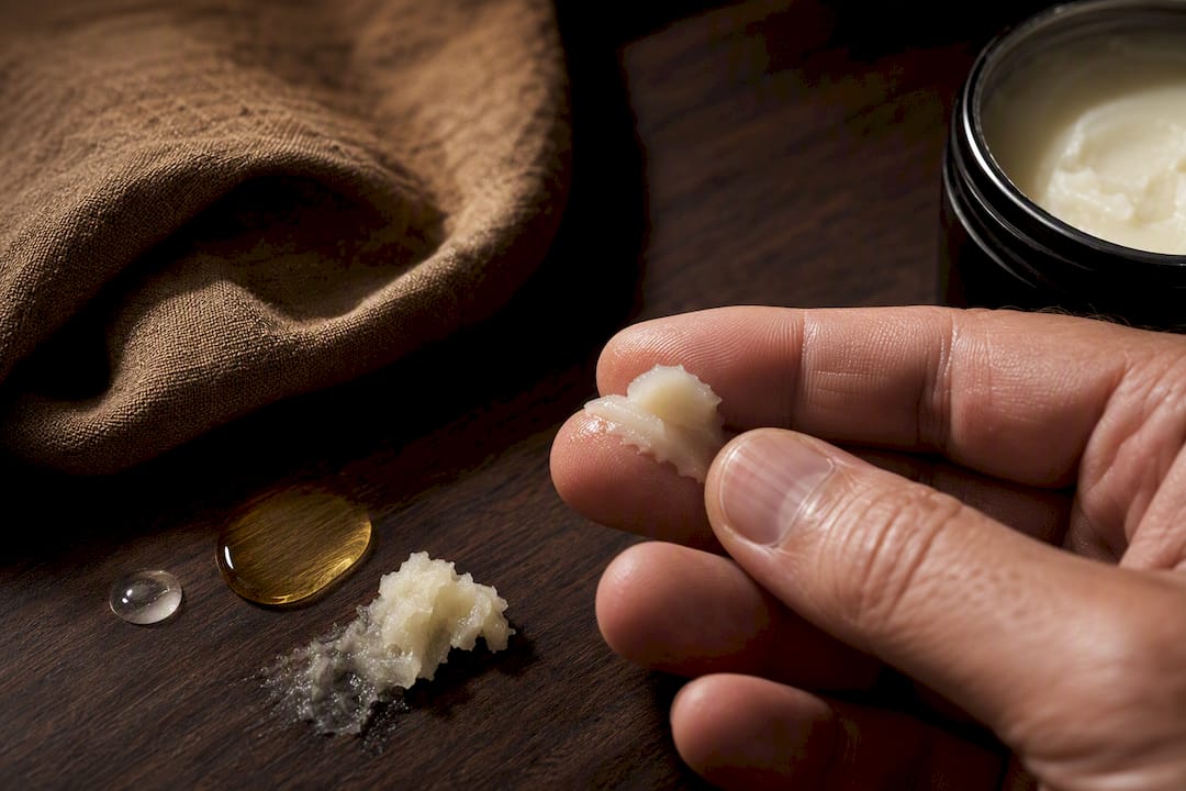 Tallow balm warmed between fingertips