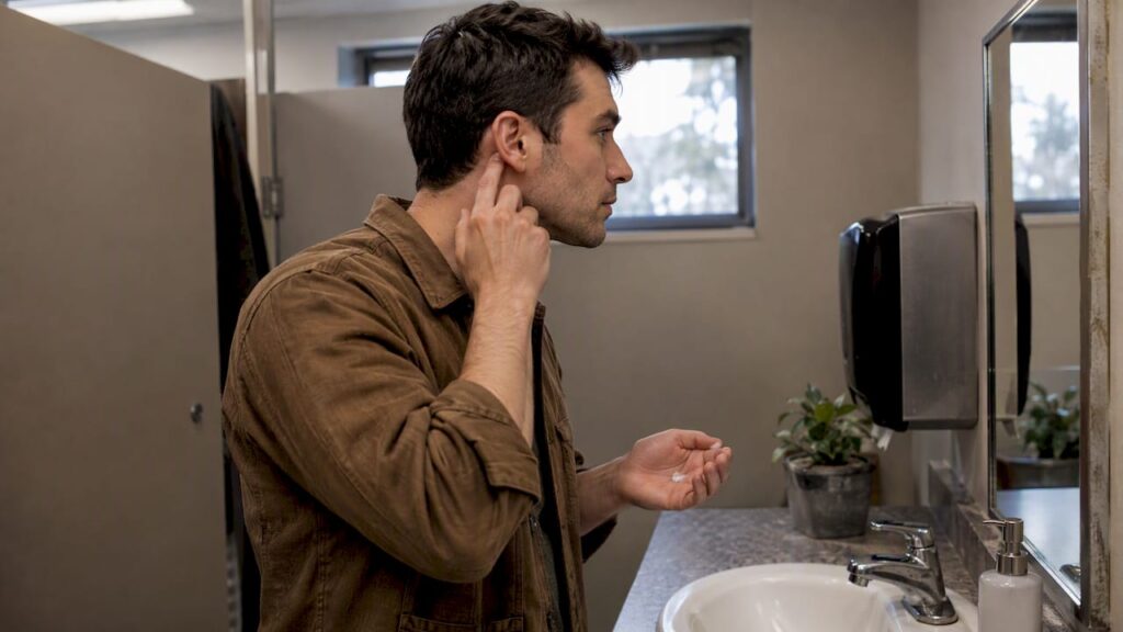 Man applying moisturizer behind his ear