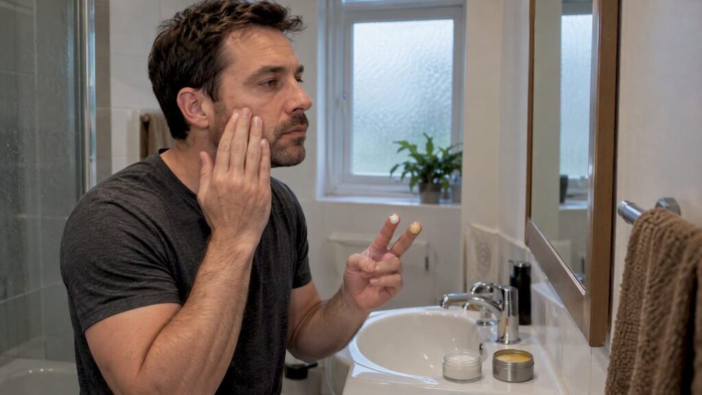 Man comparing cream and balm before application