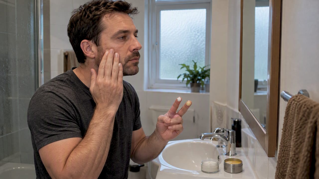 Man comparing cream and balm before application