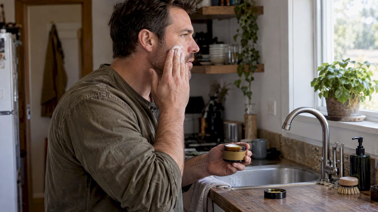 Man applying face balm beside its jar
