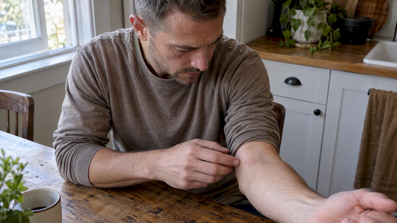 Man checking a small forearm patch test