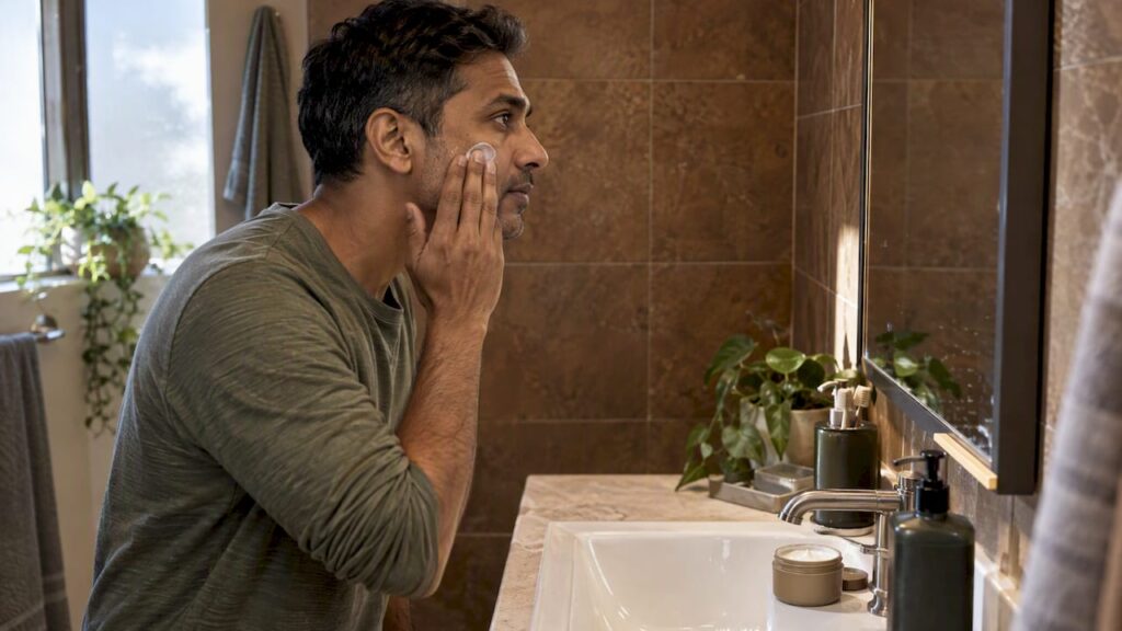 Man applying moisturizer beside a bathroom sink