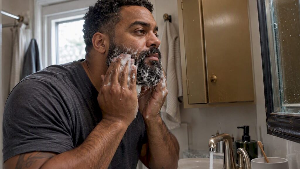 Man gently cleansing skin beneath his beard