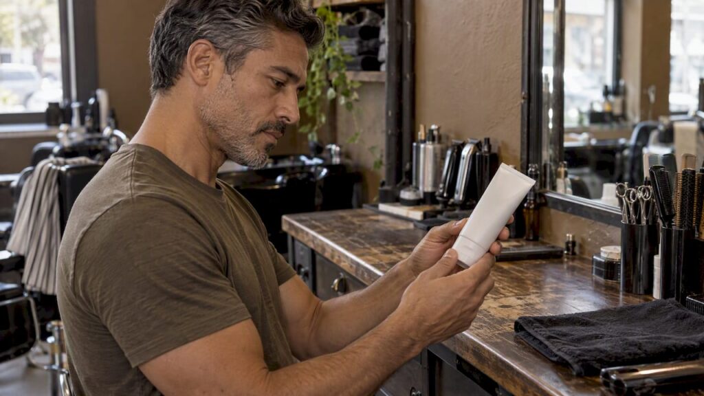 Man examining a skincare product label