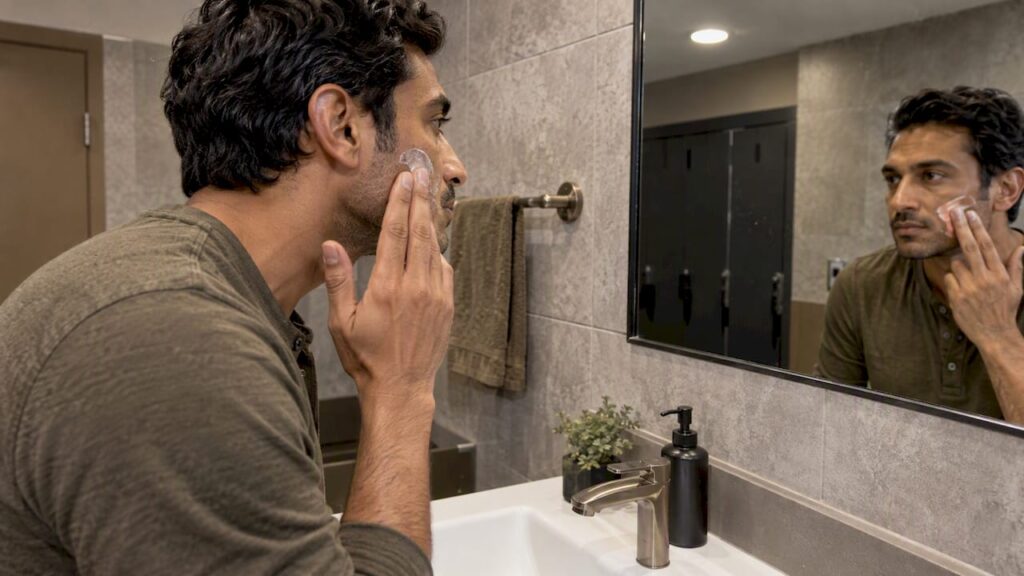 Man applying moisturizer to his cheek