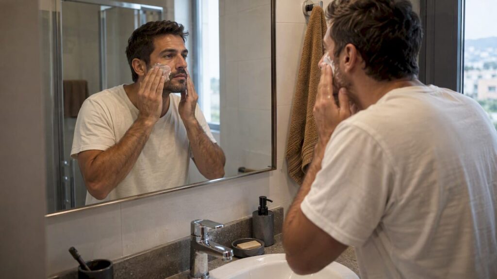 Man applying moisturizer at a bathroom basin